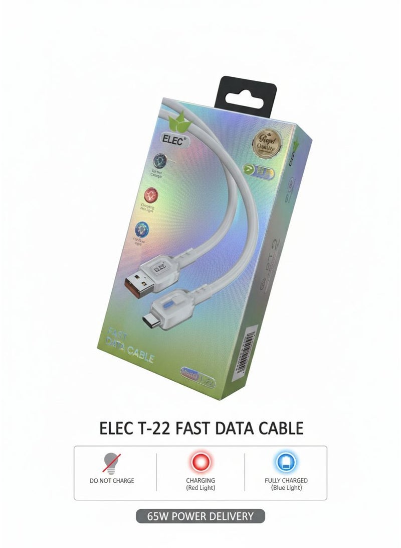 كابل شحن ونقل بيانات سريع ELEC T-22 بقدرة 65 واط - USB إلى Type-C مع مؤشر إضاءة LED ذكي - طول 1 متر - أبيض - Image 3